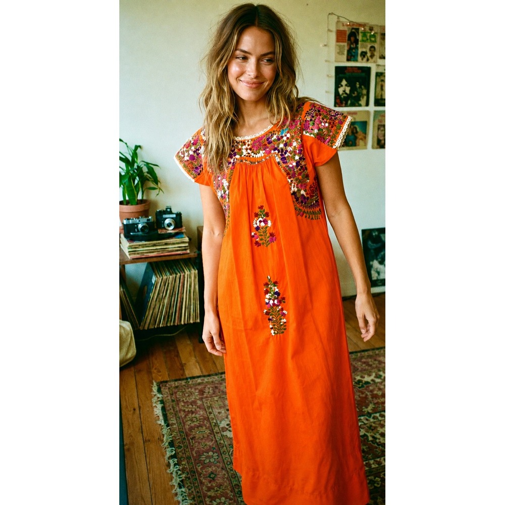 Vintage 70s Mexican Oaxacan S/M Hand Embroidered Maxi Dress S M Orange Floral